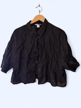 H&M linen Cropped Black Button-down Shirt